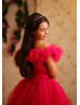 Off Shoulder Bright Pink Lace Tulle Flower Girl Dress